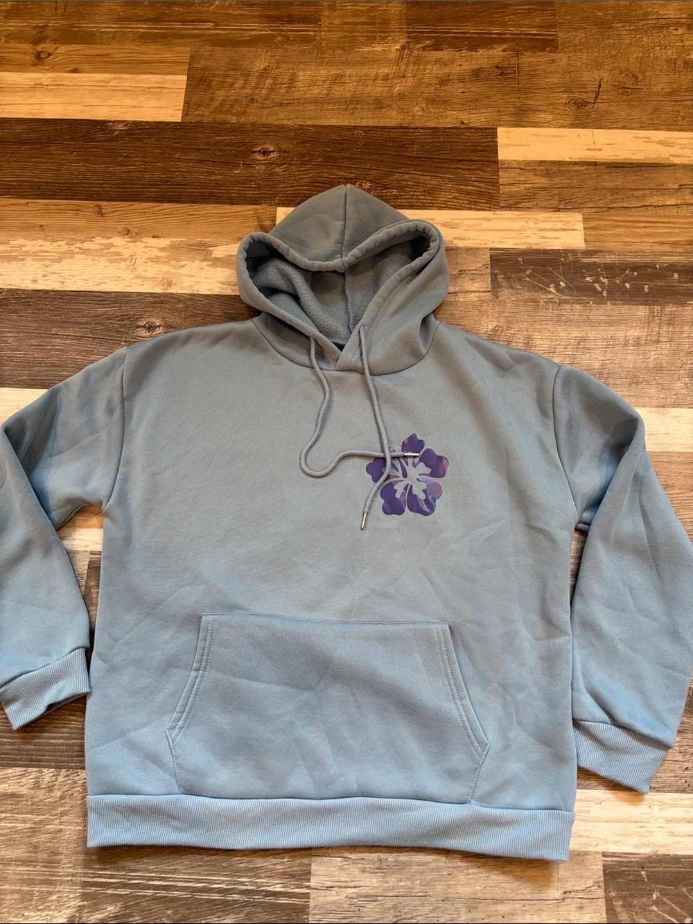 Light Blue women’s Hooded Sweater with Purple Floral Accent